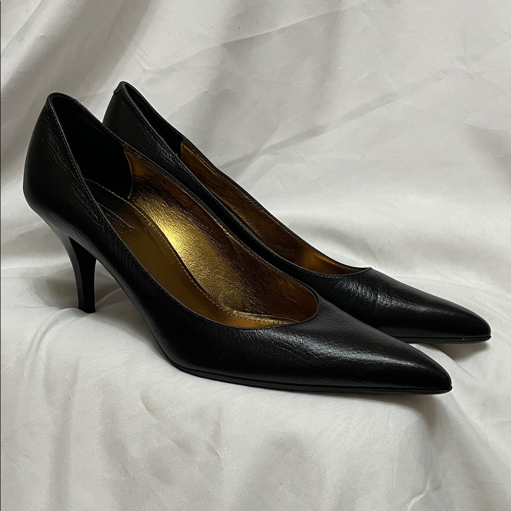 Coach ❤️ Sleek Leather Adora Pointy Toe Black Heels w/ Rich Gold Lining, 9.5